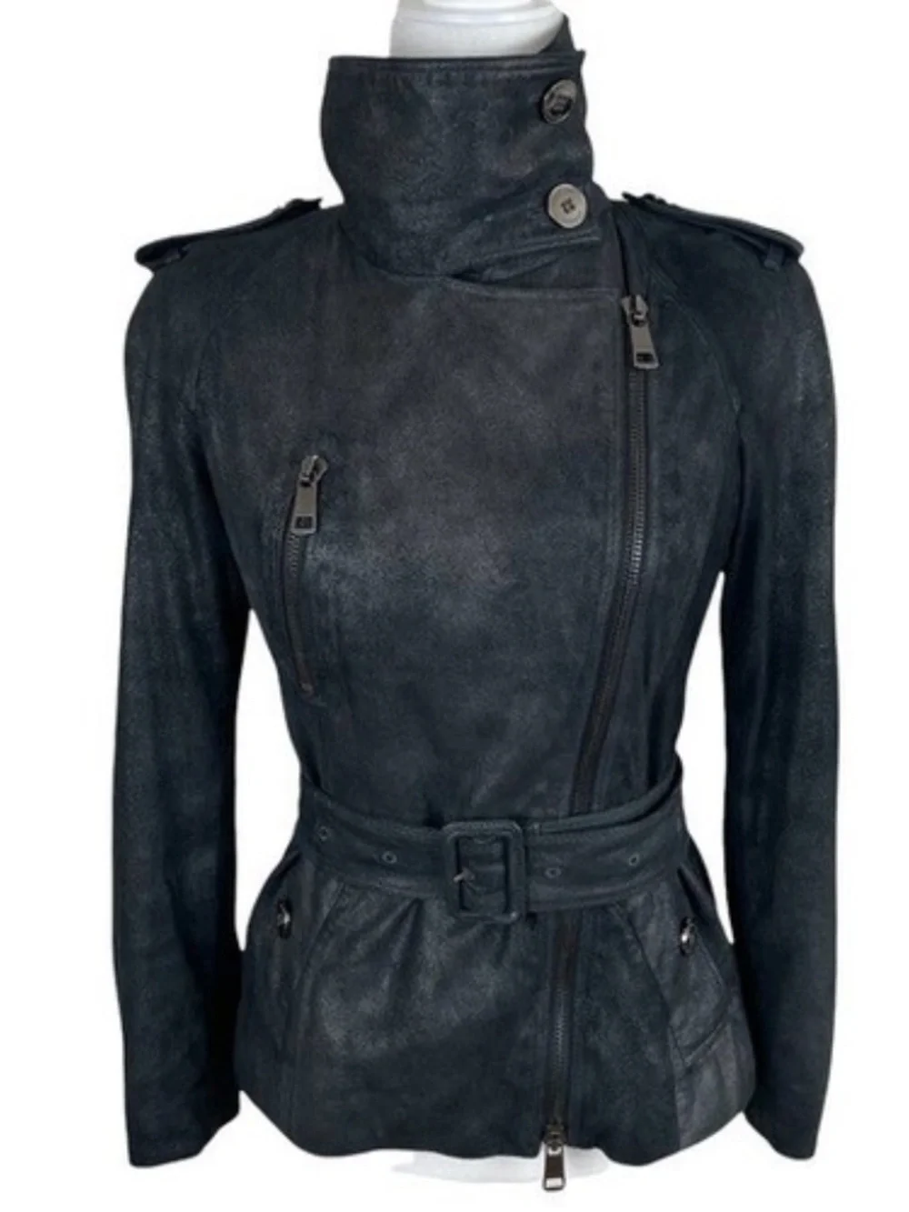 Burberry Black Leather Belted High-Collar Jacket - Picture 1 of 8